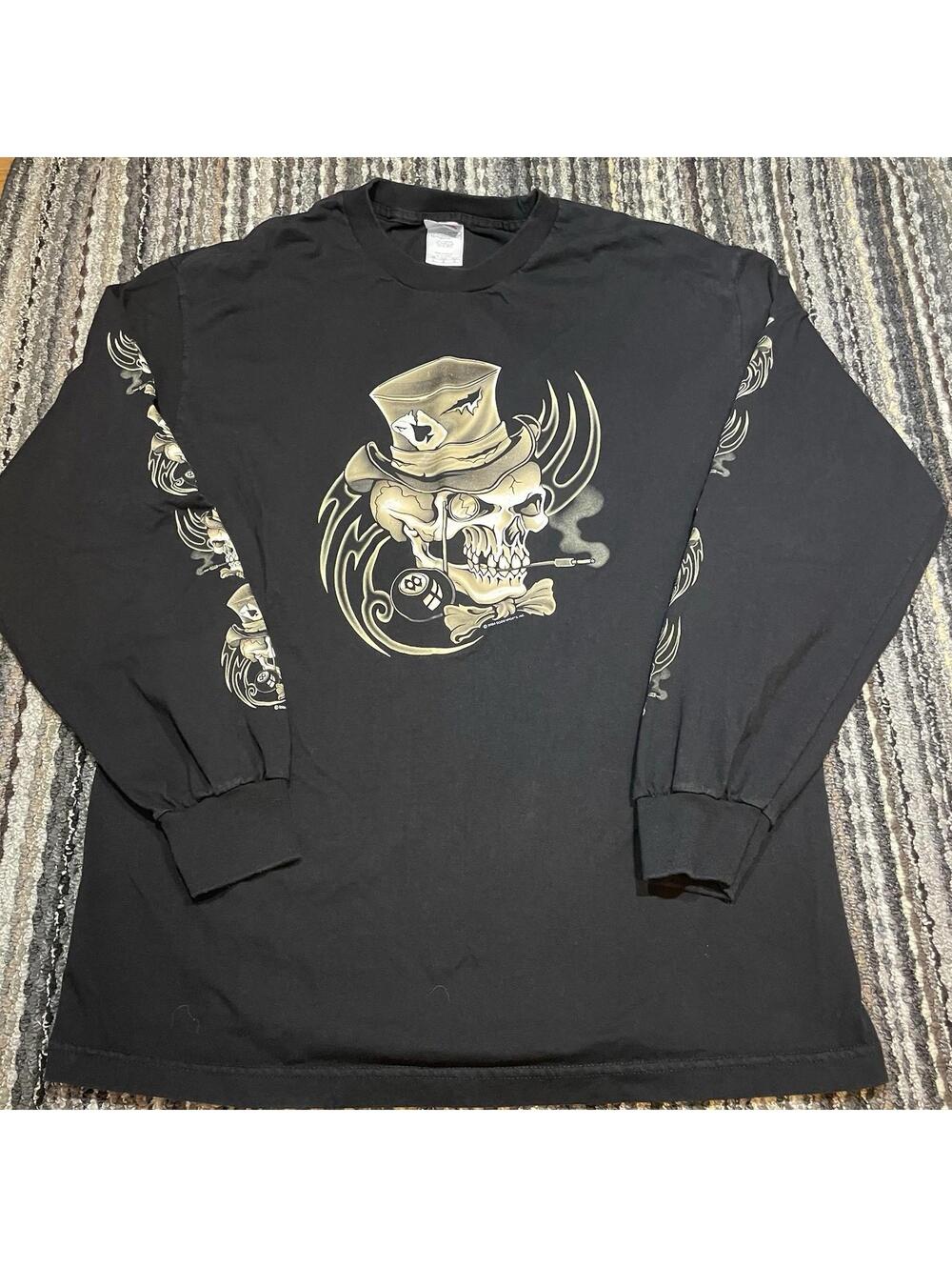 2004 Y2K AAA 8Ball Hat Skull Black Long Sleeve T-Shirt Grunge Men Sz Large
